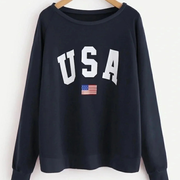 USA NEW WOMENS SWEATSHIRT AMERICA FLAG BLUE TOP SHIRT SIZE 6 M - Picture 1 of 5